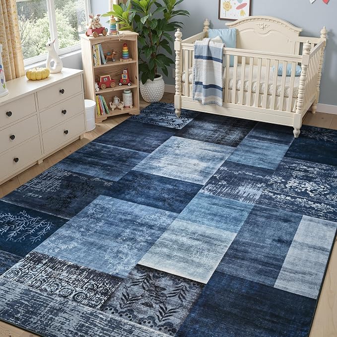 Tepook 4x6 Blue Area Rugs for Living Room, Modern Large Geometric Rug for Bedroom, Washable Patchwork Rug Indoor Non Slip Throw Carpets for Dining Room Office Farmhouse Home Decor