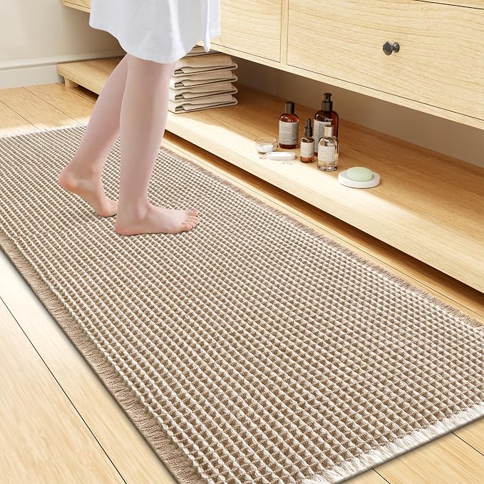 Smiry Waffle Bath Mat 47x24, Extra Soft Absorbent Bathroom Rugs, Non Slip Machine Washable Quick Dry Bath Rugs for Bathroom Floor, Tub, Shower, Home Decor Accessories, Brown & Cream