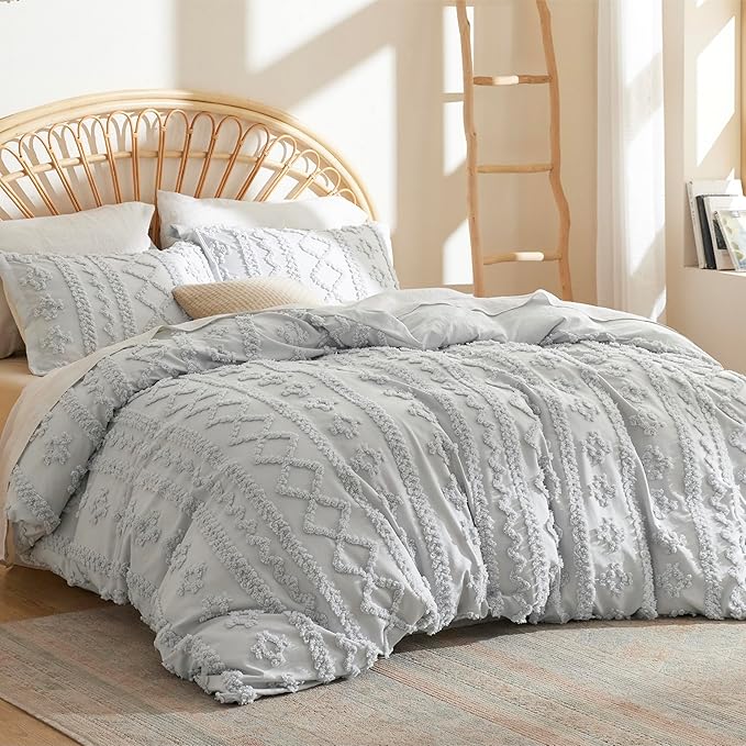Bedsure Boho Duvet Cover King Size, Soft & Comfortable Elegant Design Boho Bedding for Decoration, Machine Washable Comforter Cover for All Seasons,Includes 1 Duvet Cover & 2 Pillow Shams,Light Grey