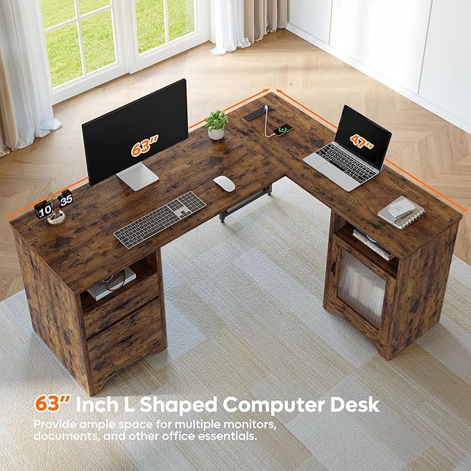 Bestier Farmhouse L Shaped Desk with Drawers, 63" x 47" Office Computer Desk with Charging Station & Fluted Storage Cabinet, Corner Desk with File Drawers, Modesty Panel for Home Office, Rustic Brown