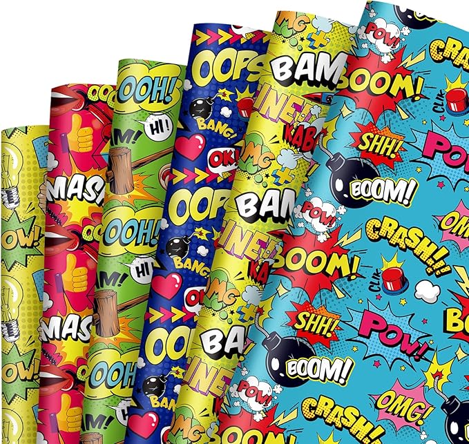 JarThenaAMCS 12 Sheet Comic Wrapping Paper -Not Roll- Colorful Cartoon Boom Gift Wrap Paper Folded Flat Art Paper for DIY Crafts Gift Wrapping, 19.7 x 27.6 Inch