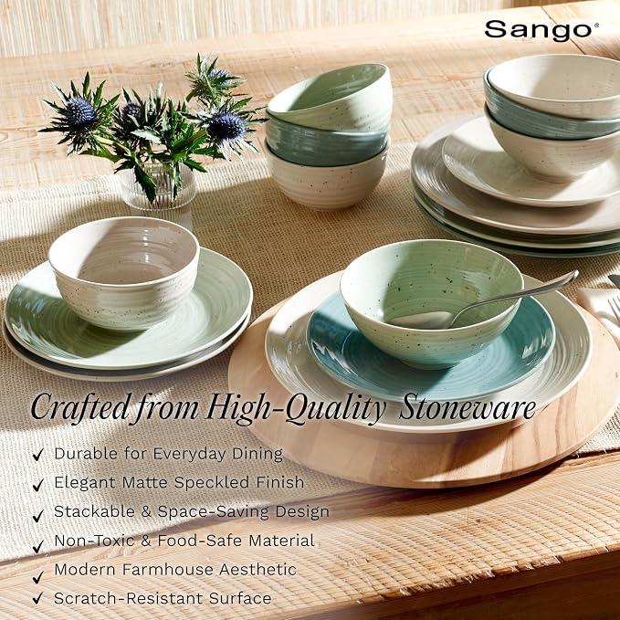 Sango Siterra Artist's Blend 16-Piece Stoneware Dinnerware Set for 4, Green, Cream & White Glossy Dishes with Speckles, Ceramic Plates and Bowls Sets for Everyday Dining, Microwave & Dishwasher Safe