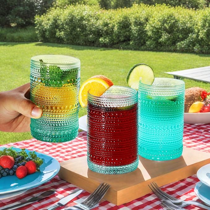 Hobnail-Drinking Glasses 13oz Vintage Glassware Sets Cocktail Juice Glasses Set of 6, Aqua