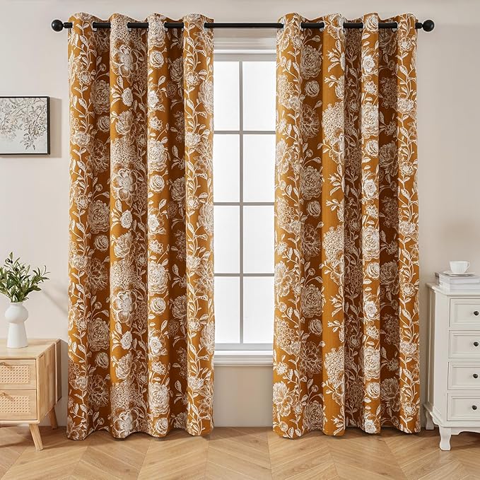 Printed Peony Floral Blackout Curtains for Bedroom- Vintage Orange Bloom Pattern on Cotton Blend Fabric with Grommet Top, 52W x 84L