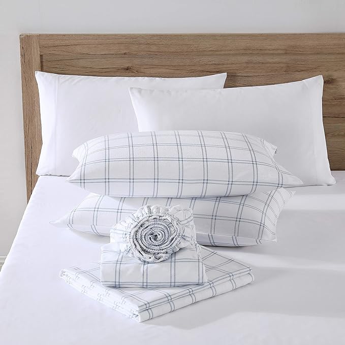 Eddie Bauer - Flannel Sheets Queen Size, Anti-Pilling & Wrinkle Resistant Cotton, Touchably Soft for All-Season Comfort - Bed Sheets with Matching Pillowcases & Fitted Sheet (Westridge Plaid Blue)