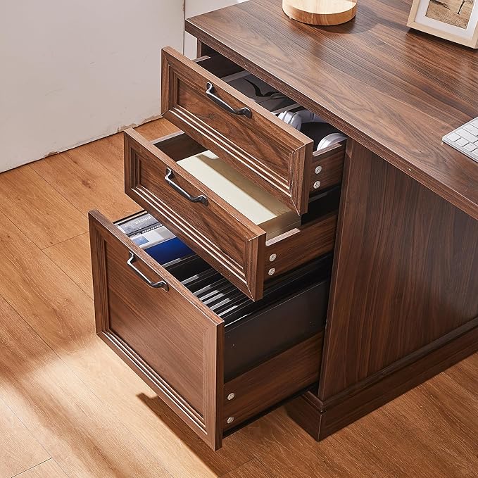 60" Farmhouse Executive Desk with Charging Station,Home Office Desk with 2 Drawers &1 File Cabinet,Wood Work Desk for Office and Home (Brown)