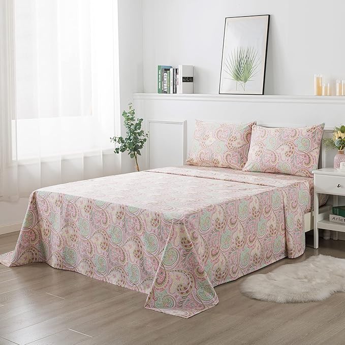 FADFAY 4 Piece Pink Paisley Bed Sheet Set Luxury Bedding Sets Designer Bedding Collections 800 Thread Count 100% Egyptian Cotton Deep Pocket-Twin XL Size