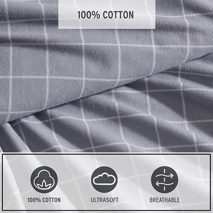 Eddie Bauer - King Bed Sheets, Cotton Flannel Bedding Set with Matching Pillowcases, Brushed for Extra Softness, Deep Pocket, Oeko-Tex Certified (Great Plains Plaid Grey)