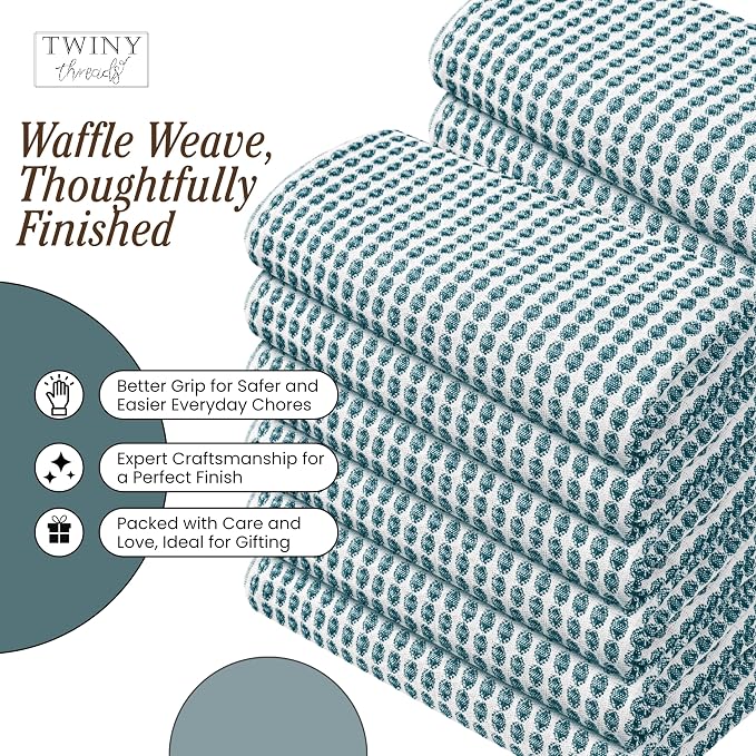 TWINY threads Circle Waffle Kitchen Dish Towels 16x26 Inches, Set of 4, 100% Cotton, Premium Quality, Durable, Waffle Texture, Multi Use Cleaning Cloths, Ideal for Home Kitchens, Hotels, Teal Green