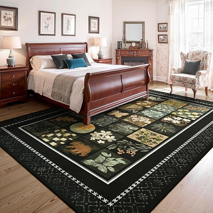 Tepook 8x10 Area Rugs for Living Room, Modern Large Geometric Rug for Bedroom, Washable Patchwork Rug Indoor Non Slip Throw Carpets for Dining Room Office Farmhouse Home Decor, Black