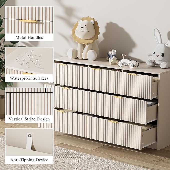 Beige Dresser for Bedroom, Modern Dresser with 7 Drawers and Smooth Slides, Wide Chest of Drawers with Golden Handles for Bedroom, Living Room, Closet, 15.7" D x 55.1" W x 31.4" H