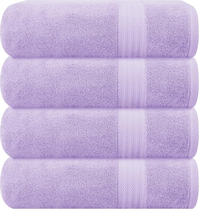 GLAMBURG Premium Cotton 4 Pack Bath Towel Set - 100% Pure Cotton - 4 Bath Towels 27x54 - Ideal for Everyday use - Ultra Soft & Highly Absorbent - Purple
