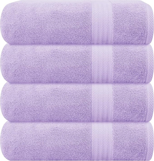 GLAMBURG Premium Cotton 4 Pack Bath Towel Set - 100% Pure Cotton - 4 Bath Towels 27x54 - Ideal for Everyday use - Ultra Soft & Highly Absorbent - Purple