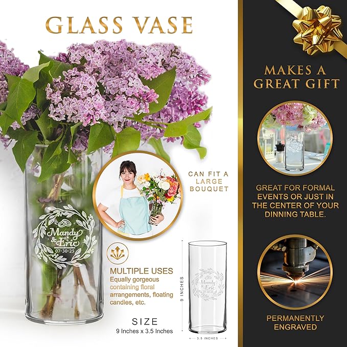 My Personal Memories Custom Etched Glass Flower Vase - Personalized with Your Text for Weddings, Valentine's, Mother's Day, Couples, Anniversaries, Birthdays, Gifts (Couples Style)