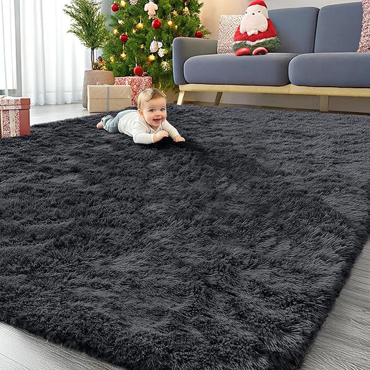OLANLY 10x14 Machine Washable Large Area Rugs for Living Room, Bedroom, Soft Fluffy Shaggy Bedside Rug, Indoor Floor Carpet for Kids Girls and Boys, Dorms, Nursery, Home Decor Aesthetic, Black