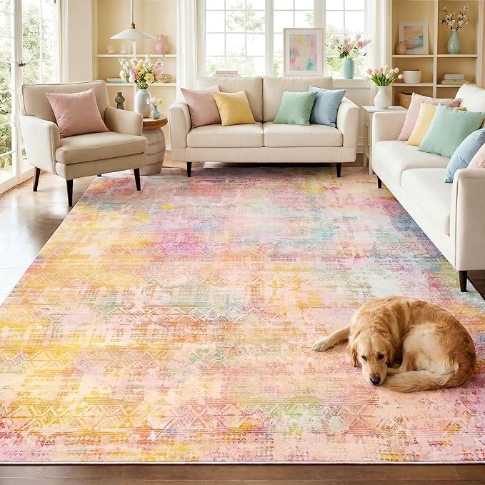 Kokia Abstract Area Rugs 9x12 Bedroom Washable Decor Low Pile Non-Slip Non-Shedding Indoor Pink Orange Carpet Foldable Stain Resistant Floor Mat Living Room Dining Room, Oslo Sunrise
