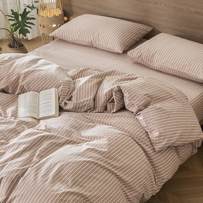MooMee Striped Duvet Cover Set 100% Washed Cotton Linen Like Textured Breathable Durable Soft Comfy (Orange White Wide Stripes, Full 80"x90")