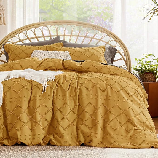 Bedsure Boho Duvet Cover Queen Size,Mustard Yellow Breathable & Soft Boho Bedding, Machine Washable Comforter Cover for All Seasons, Includes 1 Duvet Cover 90"x90" with 2 Pillow Shams & Zipper Closure