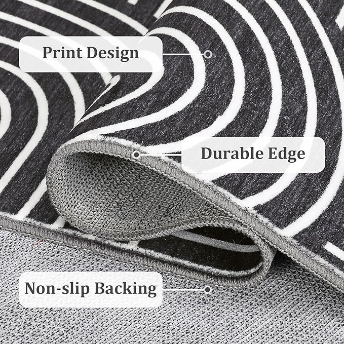 Washable 2x6 Black Runner Rug Modern Abstract Lines Runners for Hallway Non Slip Bathroom Rug Non Slip Kitchen Rugs Modern Minimalist Indoor Accent Carpet for Bedside Entryway Porch, Black