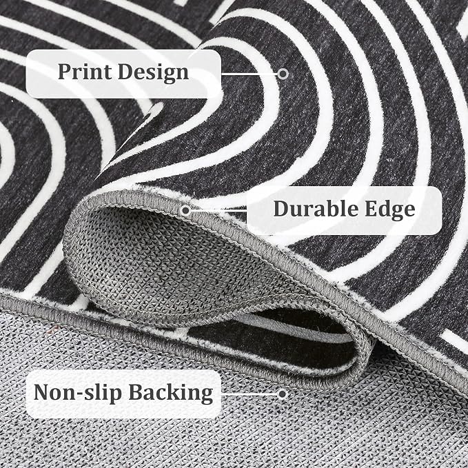 Washable 4x6 Modern Black Small Area Rug for Living Room Modern Geometric Lines Accent Rug Non Slip Office Small Carpet Thin Foldable Boho Rainbow Indoor Floor Mat for Bedroom Kitchen, Black