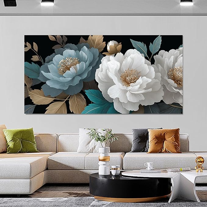 Tarfupth Large White Flower Canvas Wall Art for Bedroom Teal Botanical Gold Artwork for Living Room Office Kitchen Home Modern Canvas Prints 29x58 Inch