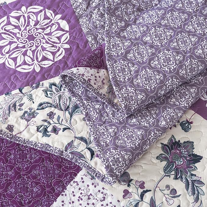 HoneiLife Queen Size Quilt Sets - 3 Pieces Queen Quilt Bedding Set Microfiber Quilt Set Lightweight Bedspreads Reversible Coverlets Retro Bed Cover Floral Bedding Set All Season Quilts-Beige & Purple