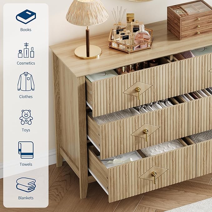 GarveeHome Fluted Dresser for Bedroom, 47.2 Inch Wide 6-Drawer Wood Dresser, Modern Chest of Drawers, Storage Organizer Cabinet for Living Room, Hallway, Entryway, Natural Oak