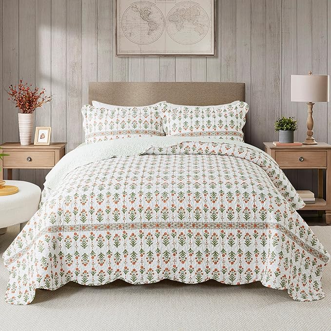 HoneiLife Queen Quilt Bedding Set - Wildflower Quilt Sets for Queen Bed,3-Piece Microfiber Bedspreads,Lightweight Coverlets Botanical Bed Cover,Floral Bedding Set All Season Quilts-Sweet Grass
