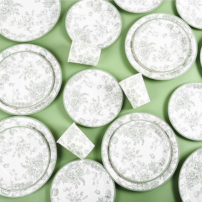 175Pcs Sage Green Floral Paper Plates and Napkins 25 Guests Green Toile Chinoiserie Party Supplies Set Include Plates Napkins Cups Spoons Forks Knives for Birthday Wedding (175, Sage Green Floral)