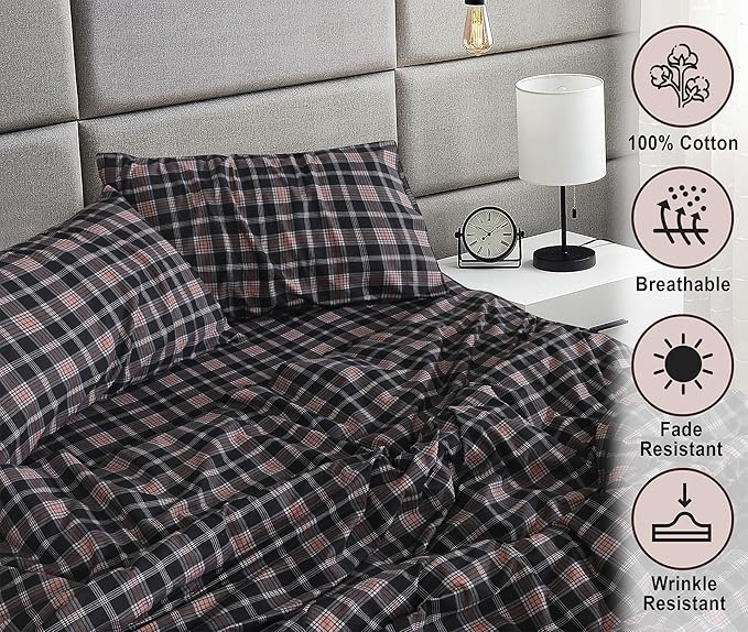 RUVANTI Flannel Sheets Twin XL Size - 100% Cotton Double Brushed Twin XL Sheet Sets, Deep Pockets 16 Inches, All Seasons Breathable & Extra Soft Bed Sheets, Warm & Cozy, 3 Piece, Peach & Black Plaid