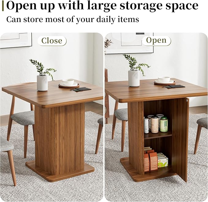 Small Square Dining Table for 2-4, 31.5 Inch Farmhouse Kitchen Table with 2-Tier Storage Shelf, Modern Wood Dinner Furniture with Fluted Doors, Dining Room, Living Room, Space Saving, Walnut