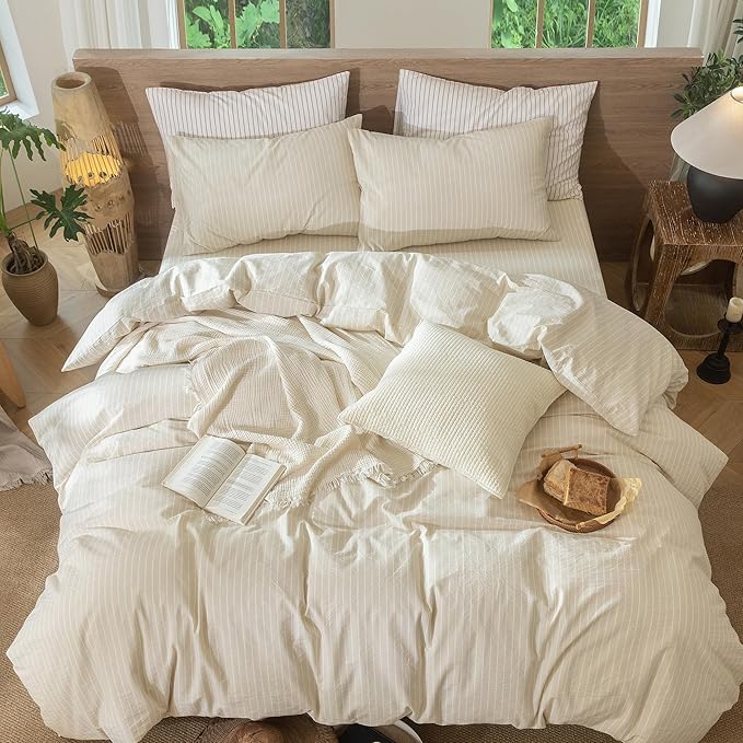 MooMee Striped Duvet Cover Set 100% Washed Cotton Linen Like Textured Breathable Durable Soft Comfy (Almond Milk Grey White Wide Stripes, Cal King 104"x98")