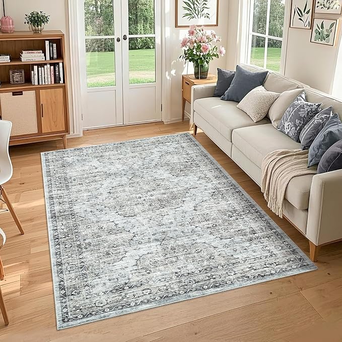 Washable 5x7 Area Rug Boho Vintage Area Rug Soft Living Room Non-Slip Dining Room Floor Carpet Low Pile Non Shedding Boho Accent Rug Oriental Indoor Carpet for Bedroom Home Decor Office, Blue Brown