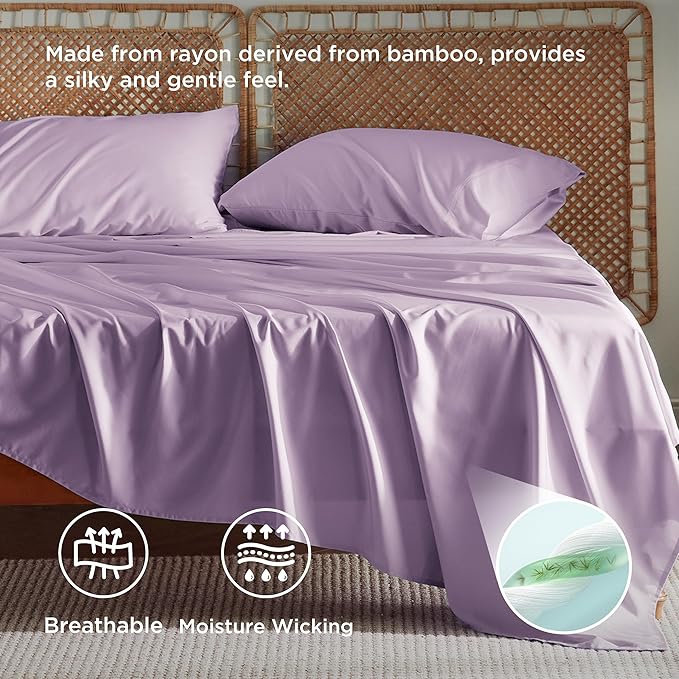 Bedsure King Size Sheets Set, Cooling Sheets for Hot Sleepers, Rayon Derived from Bamboo, Breathable & Soft, Deep Pocket Up to 16 Inches, Hotel Luxury Silky Bedding, Lilac