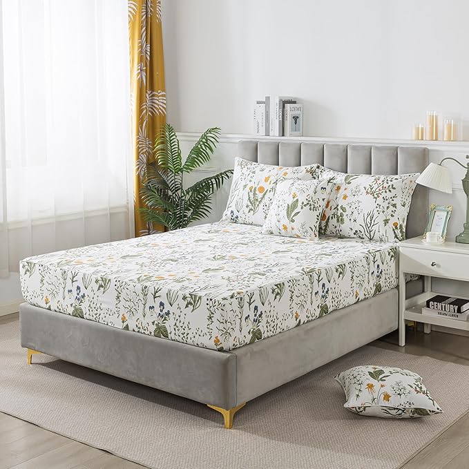 FADFAY 100% Egyptian Cotton Sheets Queen Botanical Printed Floral Sheets Yellow Flowers & Leaves Pattern Farmhouse Bedding Soft and Breathable French Country Bedding 4Pcs Deep Pocket Queen Sheet Set
