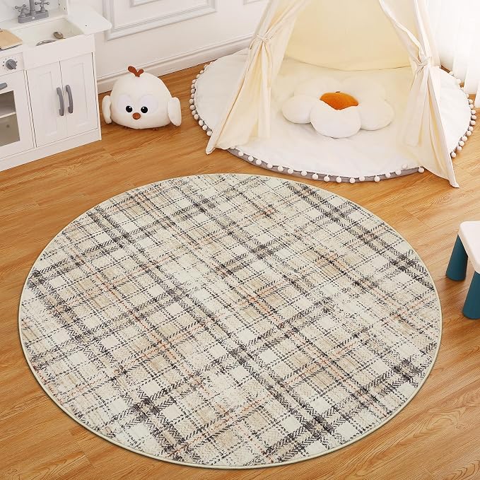 Tartan Plaid Round Washable Rug, Soft Modern Round Rugs 5ft Circle Carpets for Bedroom Ultra-Thin, Boho Beige Print Circular Carpet for Living Room Dorm Bedside, Beige