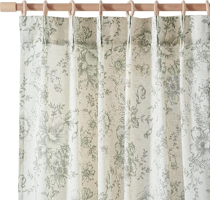 jinachan Pinch Pleated Curtains Floral Linen Blend Curtains for Living Room 96 Inches Length Christmas Green Peony Flower Printed Curtain Rod Pocket Back Tab Farmhouse Drapes with Hooks Set 2 Panels