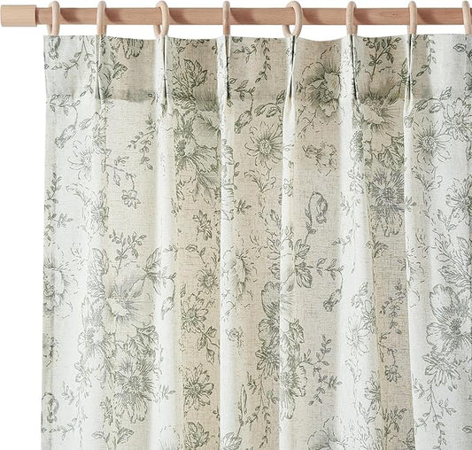 jinachan Pinch Pleated Curtains Floral Linen Blend Curtains for Living Room 96 Inches Length Christmas Green Peony Flower Printed Curtain Rod Pocket Back Tab Farmhouse Drapes with Hooks Set 2 Panels