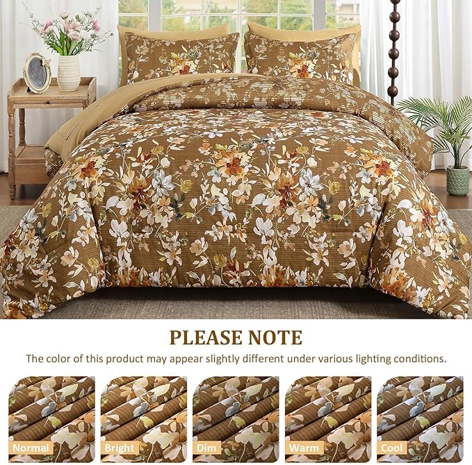 Dobuyly Fall Queen Comforter Set, 7 Pieces Brown Floral Comforter Set, Bed in a Bag Queen with Botanical Flowers Pattern, Farmhouse Queen Size Bedding Set with Sheets, Pillowcases & Shams