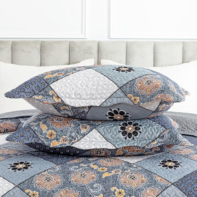 HoneiLife King Quilt Bedding Sets - 3 Piece Microfiber Quilt Set Rustic Bedspread Set Patchwork Coverlet Set for King Bed