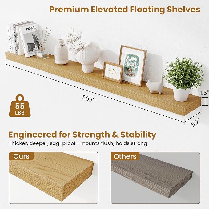 Fun Memories 55 Inch Floating Shelves Bedroom, Large Extra Floating Shelf Set of 2 with Invisible Brackets, Oak