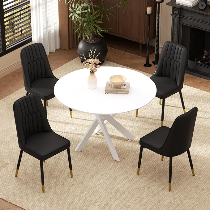 RGZ Mid Century White Round Dining Table Set for 4, 36" Small Wooden Circle Kitchen Table & 4 Black PU Leather Kitchen Chairs, Dinner Table Set for Home, Apartment, Dining Room
