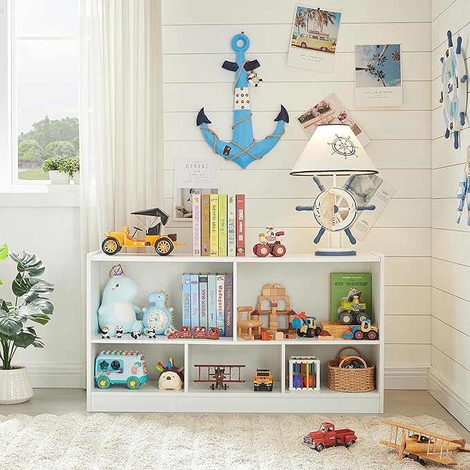 Kids Toy Storage Organizer, 5-Section Storage Cabinet for Organizing Books Toys, Wooden Bookshelf Daycare Furniture for School, Classroom Playroom, Nursery, Kindergarten (White)