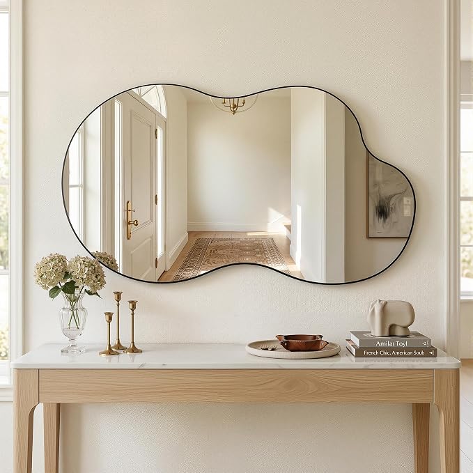 Irregular Wall Mirror, 26"x48" Asymmetrical Mirror with Metal Frame, Modern Unique Decorative Mirrors for Bathroom, Wall Decor, Entryway, Living Room, Black