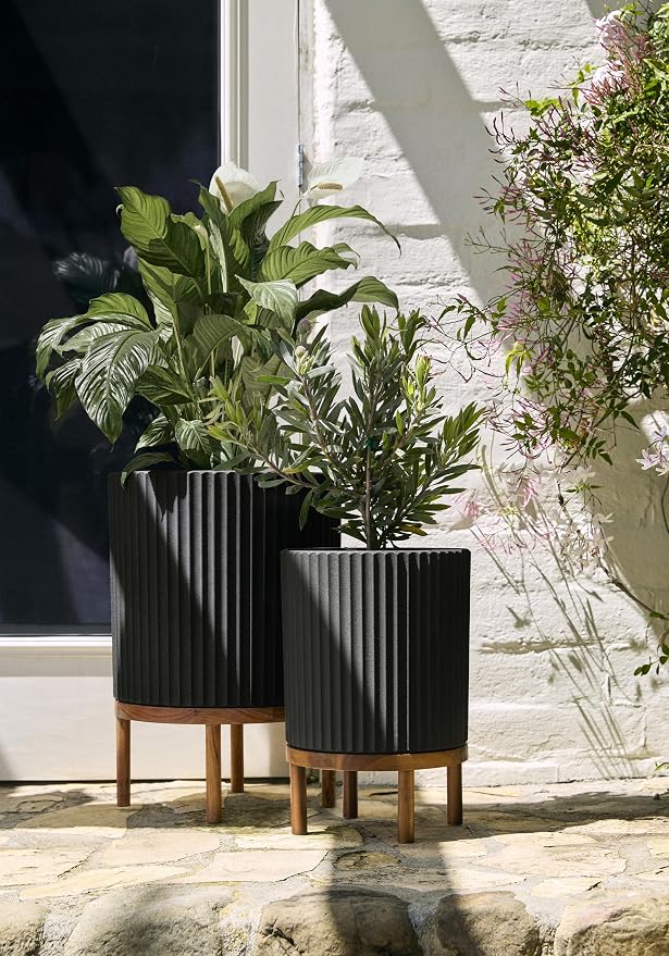 Veradek Demi Series Round Planter w/Stand for Porch/Patio | Durable Plastic-Stone Composite & Wooden Stand | Modern Décor for Tall Plants, Flowers