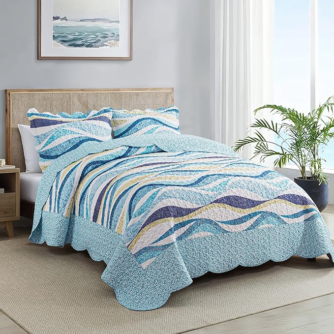 HoneiLife California King Quilt 120x120 - Beach Quilt 3 Pieces, Coastal Quilt Sets, Oversized King Bedspreads, Nautical Bedspreads Ocean Coverlets, Lightweight Bed Cover, Summer Quilts