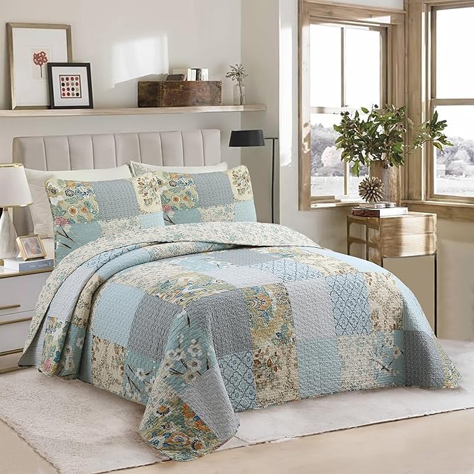 Cozy Line Home Fashions 100% Cotton Classic Patchwork Bedding Quilt Set, Blue Gray Teal Taupe Floral Bohemian Style Reversible Bedspread Coverlet (Carolina Bloom, King - 3 Piece)