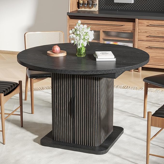 Extendable Black Round Dining Table for 4-6-8, 59 Inch Kitchen Dining Room Table with Storage, Modern Oval Circle Dinner Furniture, Fluted Wood Slide Door, for Home, Living Room, Farmhouse, Black