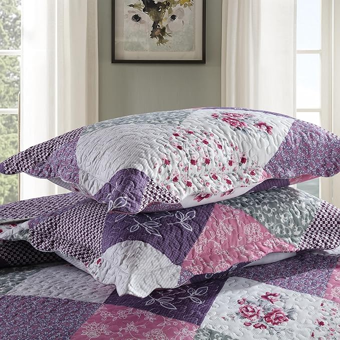 HoneiLife Quilt Set Twin Size - 2 Piece Microfiber Quilts Reversible Bedspreads Patchwork Coverlets Floral Bedding Set All Season Quilts with Geometric and Little Rose Print Pattern，Purple