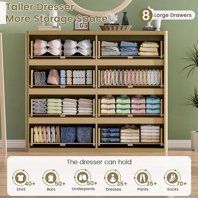 8 Drawer Dresser, Modern Fluted Dressers & Chest of Drawers for Bedroom, 48" Wide Dresser TV Stand with Deep Drawer, Curved Wood Organizer for Bedroom, Living Room, Hallway, Natural